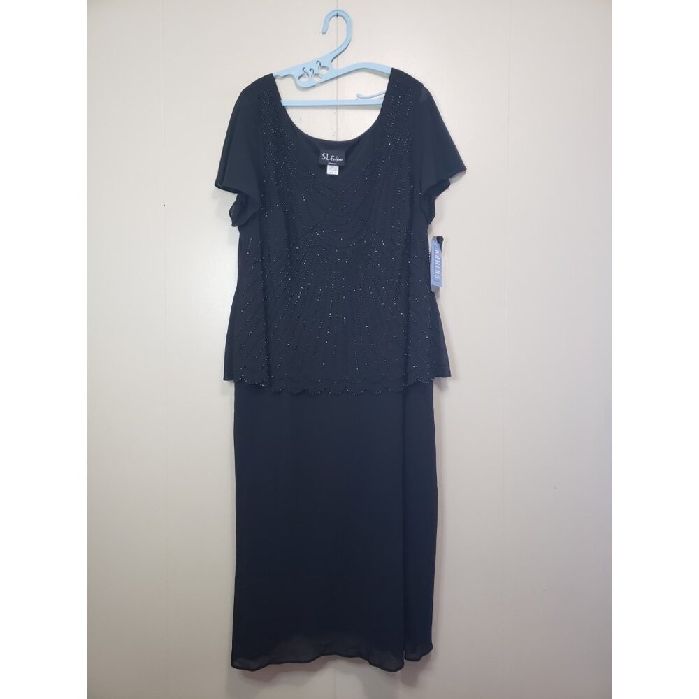 VTG S.L. Fashions Womens Plus 24W Midi Dress Black Beaded Popover Georgette NWT